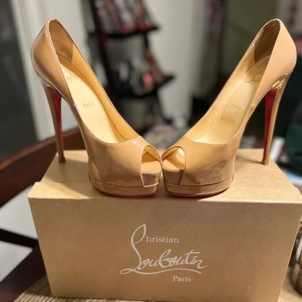 Christian Louboutin Nude Patent Peep-Toe Pumps with Red Soles
